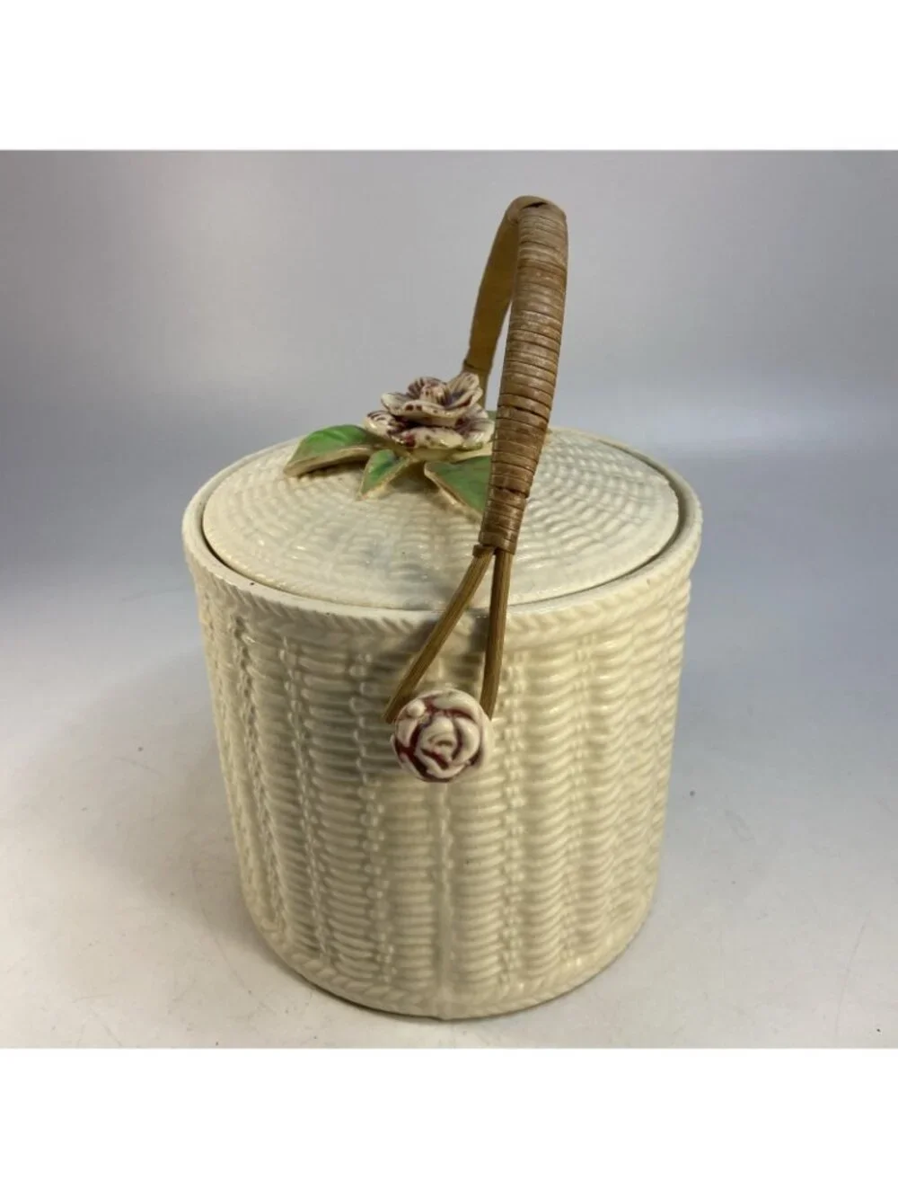 Vintage Biscuit Jar Basket Weave Wicker Handle Made In Japan 40s Flower Top Side